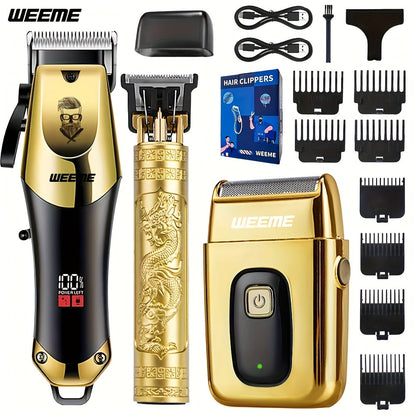 Men's Grooming Kit - USB Rechargeable Hair Clipper, Nose Trimmer, Electric Shaver & Detail Trimmer Set, Zinc Alloy Body, 3500mAh Battery, White Black Gold