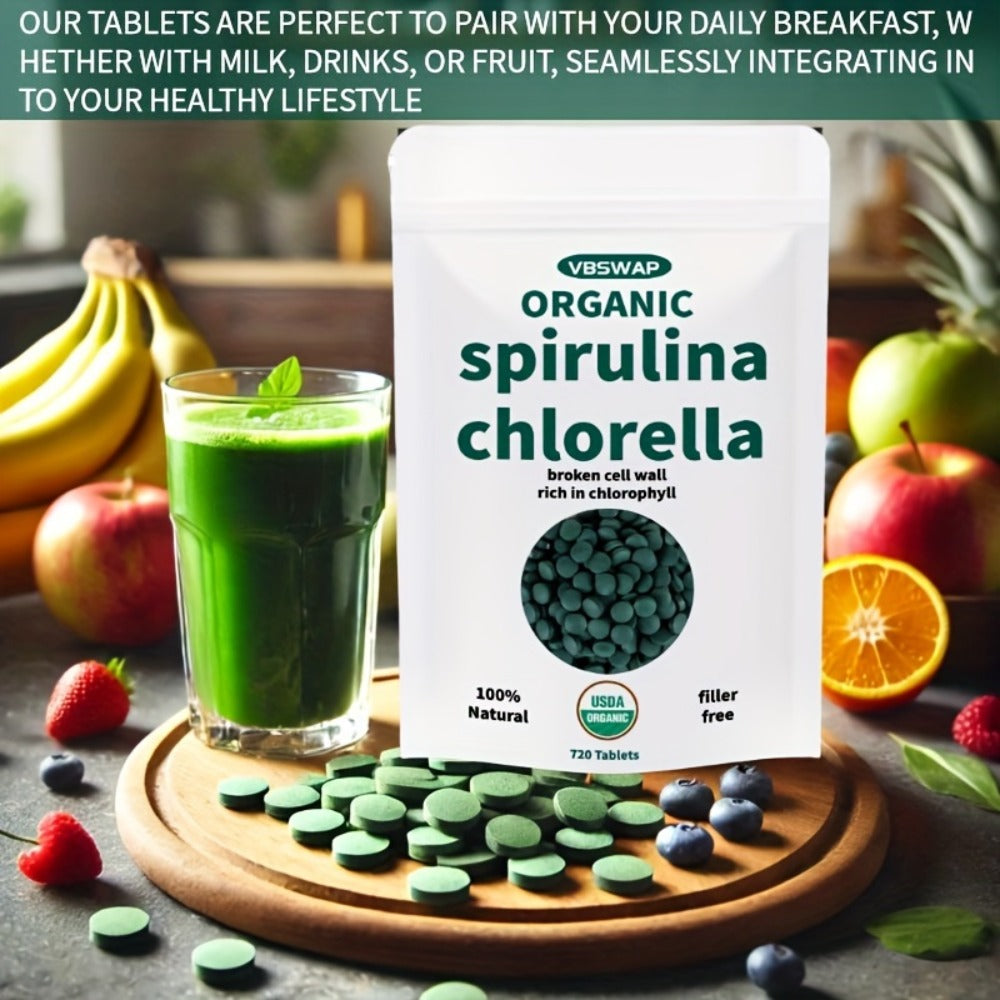 Organic Chlorella Spirulina Tablets, 720 Counts, 4 Months Supply, 50/50 Blend Superfood, No Filler, No Additives, Cracked Cell Wall, Rich In Vegan Protein, And Easy to Swallow.nutritional Supplement for