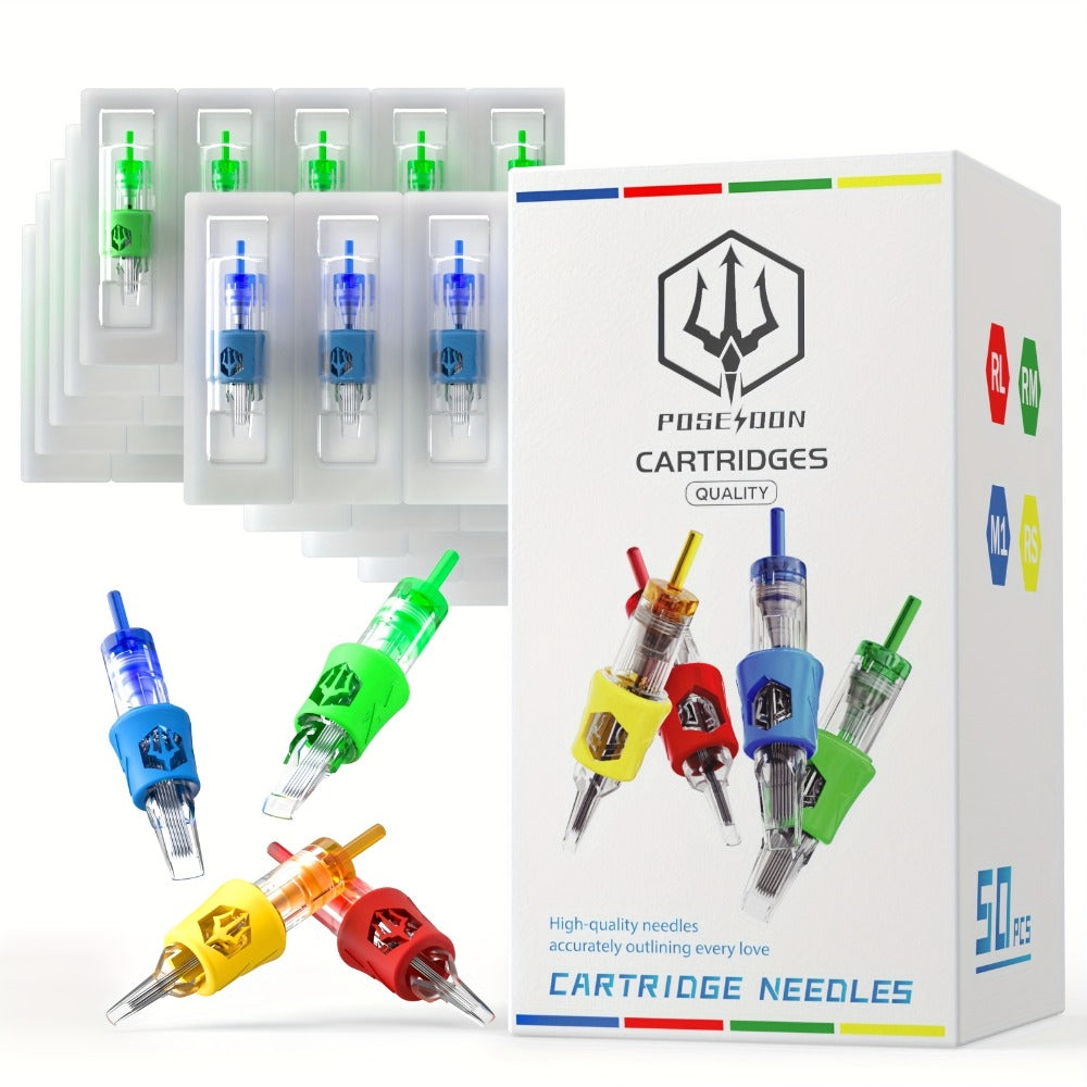 Poseidon 50pcs Tattoo Cartridge Needles Assorted Mixed Size Round Liner Shader Magnum Curved/Round Mag # 12 Standard 3RL 5RL 7RL 9RL 5RS 7RS 9RS 7RM 9RM 9M1 Disposable Membrane For Tattoo Pen