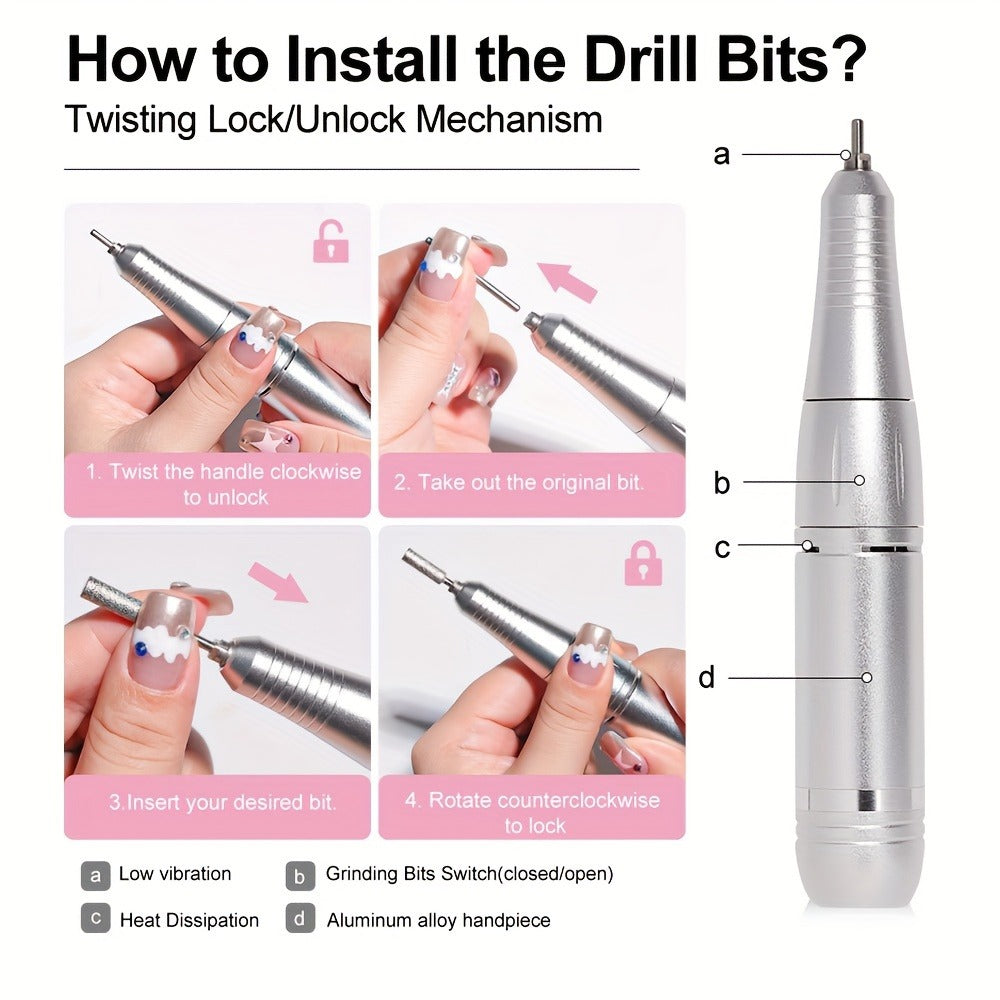 45000RPM Adjustable Speed Low-noise Nail Drill Cordless Display Power Portable Nail File Nail Grinder Suitable for Home Nail Salon Gel Nail Polishing for Nail Salon And Home