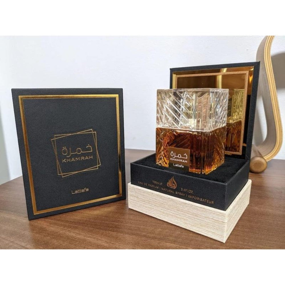 Lattafa Khamrah Eau de Parfum Unisex – Spicy Sweet Oriental Cinnamon Vanilla Amber Spray, Long Lasting Arabic Fragrance, 3.4 oz or 3-Piece Gift Set