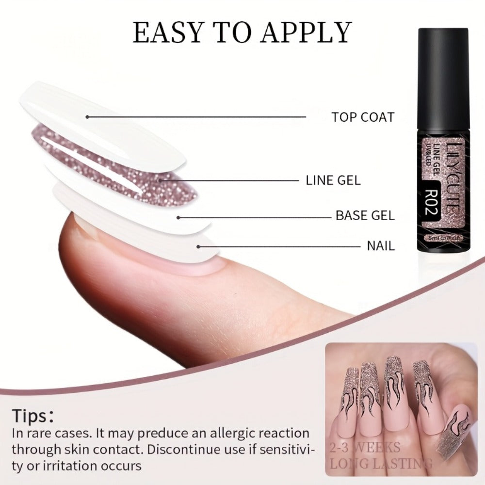 LILYCUTE 9pcs/Set Reflective Glitter Line Gel Nail Polish - Summer Bright Sparkling Gorgeous Color for Manicure, Pull Line Graffiti Painting Stripe Gel Nail Art LED Gel Varnish, Gel Nail Polis, Diy Manicure, Beauty Lovers, Salon Professionals