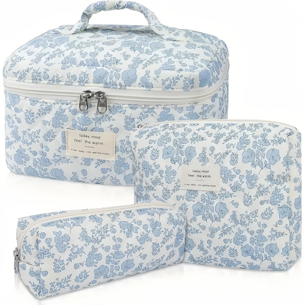 Large Capacity Floral Pattern Quilted Makeup Bag Set, 3 Counts Travel Cosmetic Bags, Stay Glam On-the-Go, Portable Zipper Makeup Organizer Pouches for Skincare, Cream, Lip Balm, Eyeliners, Makeup Tools, Makeup Container Set, Makeup Storage Organizer