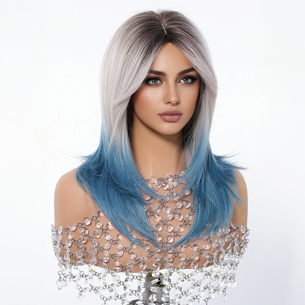 Blue Wig with Bangs for Women — 22 Inch Gradient Ombre Layered Synthetic Wig, Heat Resistant with Rose Hair Net, for Cosplay Halloween Party Festival Wedding Daily Wear