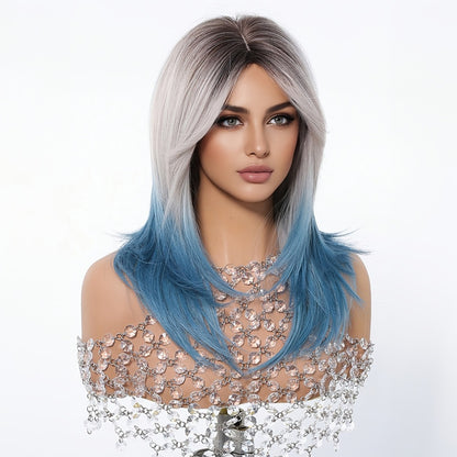 Blue Wig with Bangs for Women — 22 Inch Gradient Ombre Layered Synthetic Wig, Heat Resistant with Rose Hair Net, for Cosplay Halloween Party Festival Wedding Daily Wear
