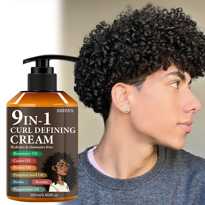 1 Bottle 9-in-1 Curl Defining Cream | Moisturizing, Long-lasting Hold, Frizz Control, Non-greasy, Stylish Bottle Design, Suitable for Normal, Wavy, and Curly Hair, Unisex-Adult