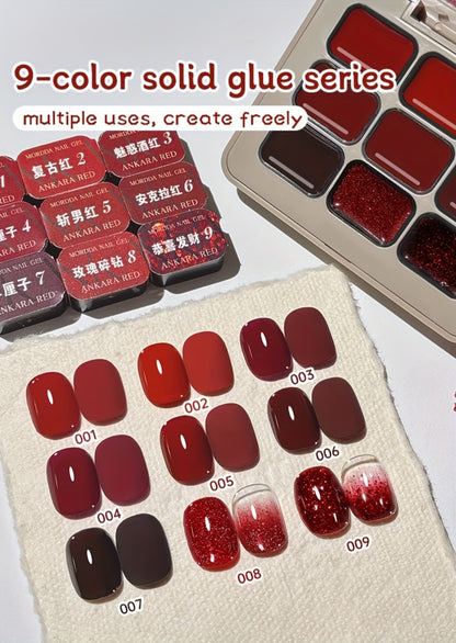 Solid Gel Nail Polish Set 9 Pcs — Gradient Effect, High Saturation Colors, Shiny Gloss Finish | LED Curable Multifunctional Nail Gel | Spring Summer Manicure DIY Kit for Women | Ancola Red Collection