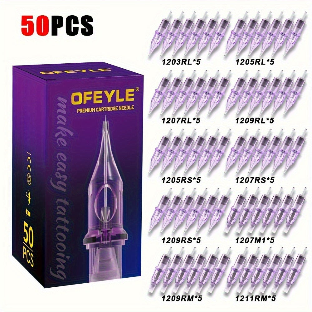 50pcs Pack Disposable Tattoo Cartridges Needles - Stainless Suitable for Tattoo Machine, RM/RL/M1/RS Needle Tips with Row, Round Cut & Mist Needles for Professional Tattoo Studio, Tattoo Equipment