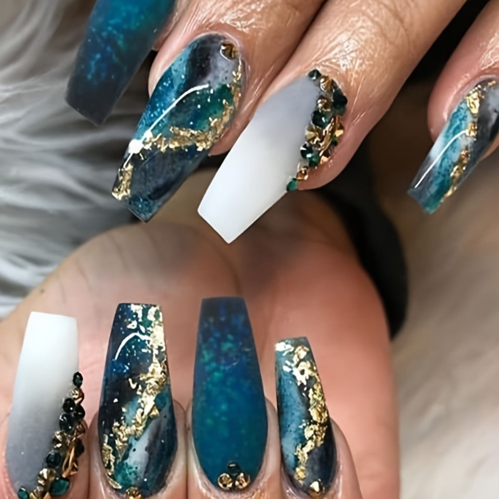 144pcs Coffin Press On Nails Medium Length Fake Nails Artificial False Nails with Blue Marble & Sequins Designs Glossy Acrylic Nails Nude Full Cover Glue On Nails for Women 6pcs