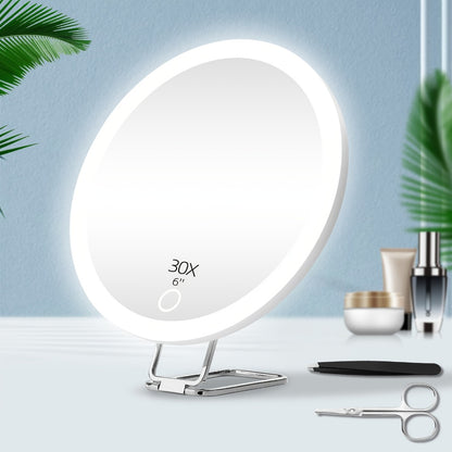 30X LED Magnifying Makeup Mirror Rechargeable, 6-Inch Lighted Handheld Pocket Mirror with Hanging Loop, Portable Travel Vanity Mirror for Precision Makeup & Grooming, Gift for Women and Men