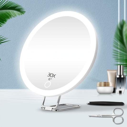 30X LED Magnifying Makeup Mirror Rechargeable, 6-Inch Lighted Handheld Pocket Mirror with Hanging Loop, Portable Travel Vanity Mirror for Precision Makeup & Grooming, Gift for Women and Men