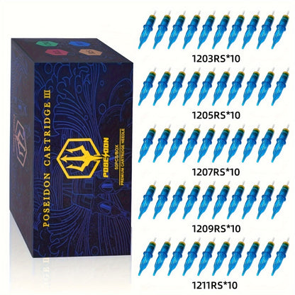 Tattoo Cartridge Needles 50Pcs - POSEIDON V3 Round Liner & Round Shader Membrane Safety Cartridges 12RL 12RS Sterile Disposable Needles for All Tattoo Machines