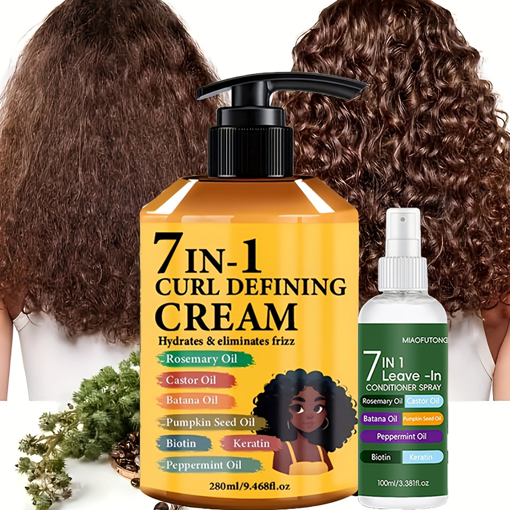 2pcs Set [Upgraded Version] 7-in-1 Hair Styling Cream 9.47oz + 7-in-1 Fragrance Leave-in Conditioner Spray 3.38oz, Containing Rosemary Oil, Castor Oil, Batana Oil, Pumpkin Seed Oil, Peppermint Oil, Biotin, Keratin.