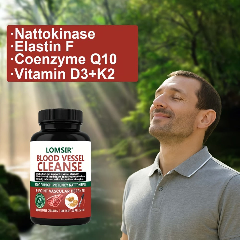 Nattokinase Supplement Blood Vessel Cleanse Capsules with Gamma Oryzanol 60 Capsules Circulatory System Support Heart Health Cardiovascular Wellness Daily Supplement