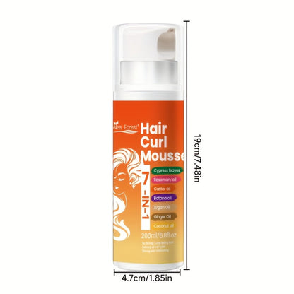 Hair Curl Mousse 7-in-1 Natural Oil Blend Long-Lasting Hold - Deep Moisturizing Smoothing Curl Defining Foam Rosemary Castor Coconut Oil Wavy Curly Hair Women Men 6.76oz