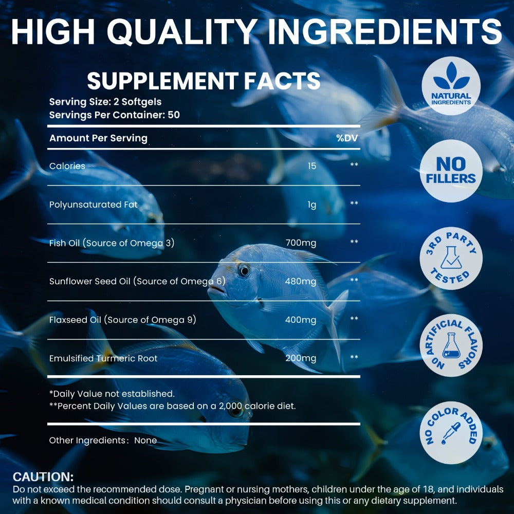 [Omega 3] COLD MOUNT Omega 3, 6, 9 Supplement | 100 Softgel, 50-Day Supply | with Flaxseed, Sunflower Seed Oil, Fish Oil & Turmeric | Hypoallergenic | for Cardiovascular, Liver, Brain, Muscle, Skin, Emotional Health