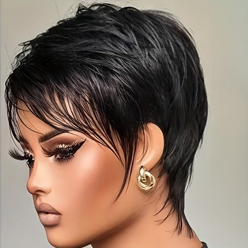 Looking Brazilian Remy Human Hair Wig for Women & Men - 150% Density Glueless Straight Pixie Cut with Bangs, 6 Inch Layered Short Style, Rose Net Cap (Compatible with African Hair)
