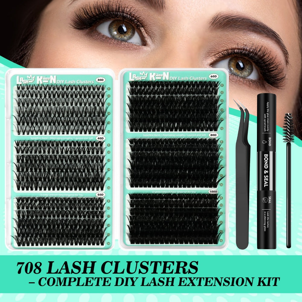 708pcs Mega Lash Clusters Kit with Tweezers Glue & Brush, Ultimate False Eyelashes Collection for Party Wedding Daily Makeup, Soft Silky Fiber Lashes, Full Voluminous Easy Apply Lash Extension Set