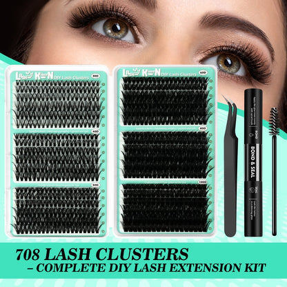 Lash Clusters Kit 708Pcs with Tweezers, Glue & Brush – Soft Silky Fiber False Eyelashes, Full Voluminous DIY Lash Extension Set for Party, Wedding, Bridal & Daily Makeup, Beginner to Pro