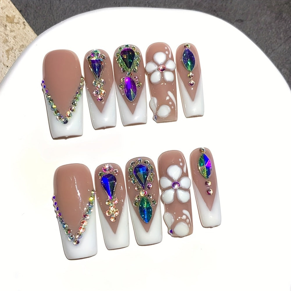 Press On Nails Square French Tip Luxury – Nude & White with AB Rhinestone & Handcrafted Floral Design | 10pcs Glossy Nail Set for Wedding, Party & Valentine's Day, S/M/L