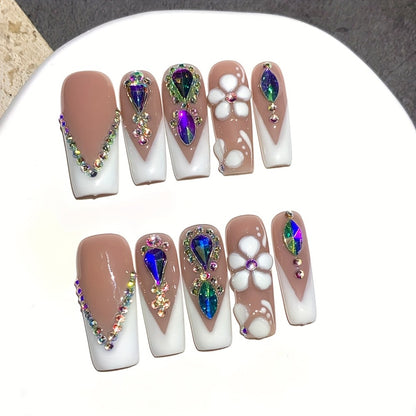 Press On Nails Square French Tip Luxury – Nude & White with AB Rhinestone & Handcrafted Floral Design | 10pcs Glossy Nail Set for Wedding, Party & Valentine's Day, S/M/L