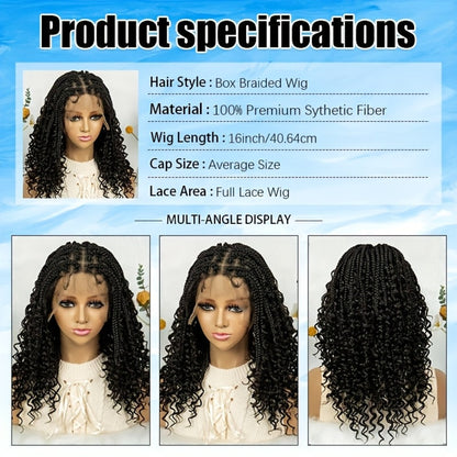 Goddess Braided Wig Knotless Bohemian Square Braid Full Lace Curly Wave Synthetic Wig Women 14-16 Inch Black Burgundy Brown Natural Hairline Protective Style