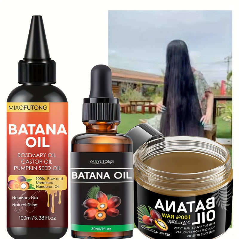 3pcs Honduras Batana Hair Cream + Batana Hair Oil + Batana Essential Oil, Pure Cold Pressed Extract Moisturizes Scalp And Hair, Strong, Anti-break And Split, Suitable for All Hair Textures, Adding Luster, A Must-have Hair Care Set for All Seasons, Split E