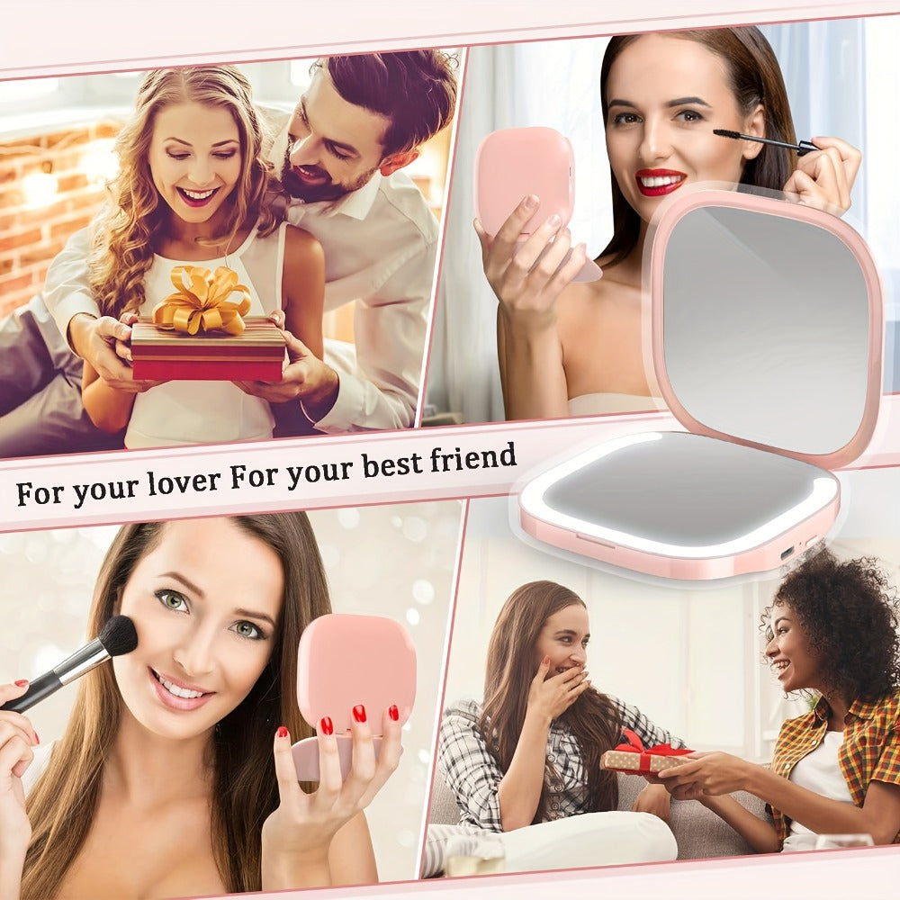 Two-Sided Magnifying Mirror with LED Lights, Featuring Three Brightness Levels, USB Charging, a Foldable And Portable Design, a Polished Plastic Frame, And an Animal Theme, Ideal for Makeup And Travel
