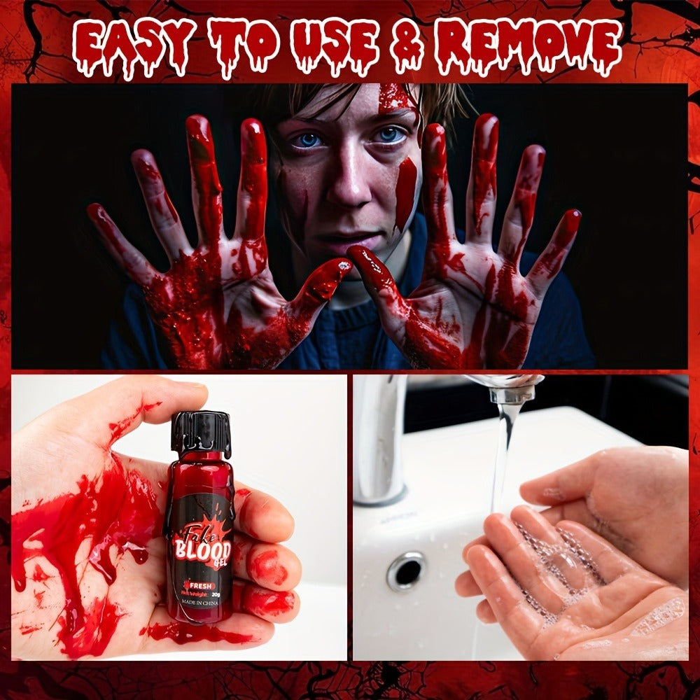 3pcs Fake Blood Makeup Kit, Realistic Sticky Fake Fresh Blood with Brush, Washable Coagulated Dark Old Blood, Theater, Zombie, Vampire Monster SFX Scary Clown Cosplay Makeup Special Effects Dress Up