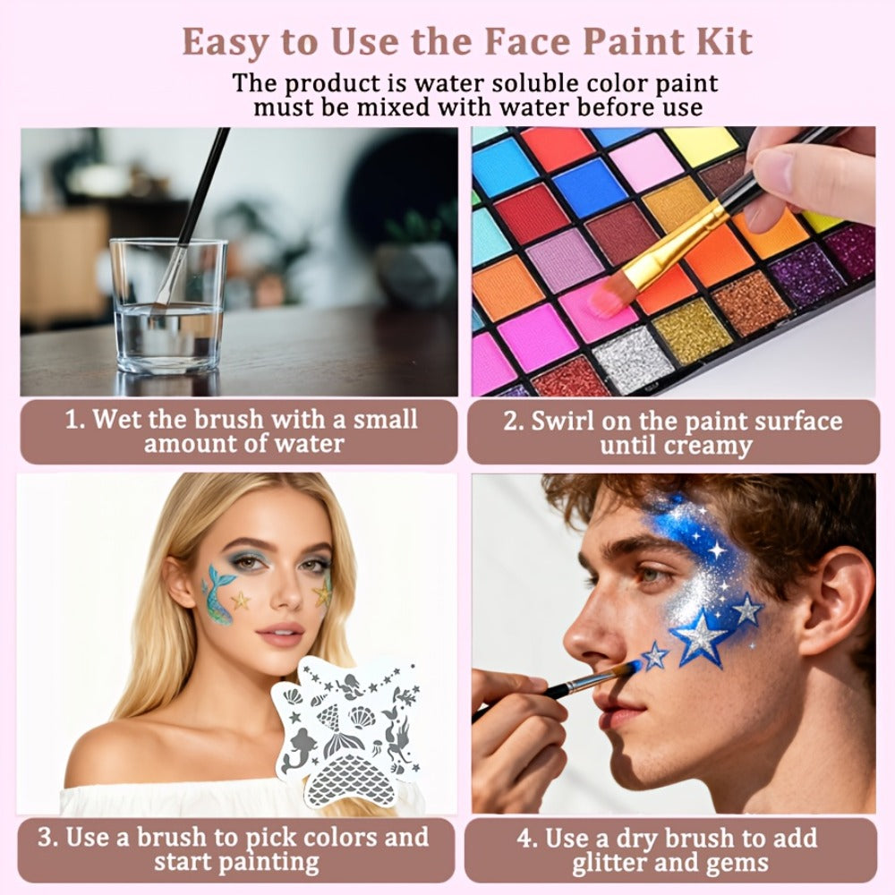 Face Body Paint Set 54 Colors — Matte, UV Fluorescent & Glitter Palette with Pattern Templates, Brushes & Tattoo Stickers for Sports, Cheerleading, Festivals & Parties