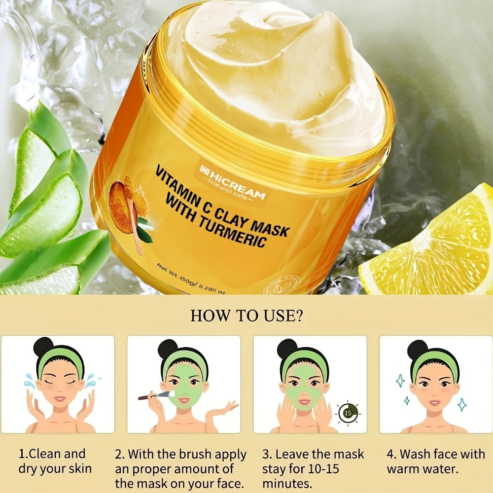 5.29 Oz Turmeric Vitamin C Clay Mask, Turmeric Facial Mud Mask, VC Cleansing Mask. Contains Natural Ingredients: Aloe Vera And Calendula, Making The Skin Fuller And Smoother, Low for Allergenic, Suitable for All Skin Types