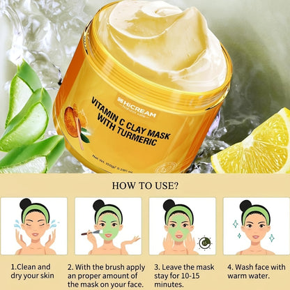 Turmeric Clay Face Mask with Vitamin C 5.29oz – Deep Cleansing Mud Mask, Aloe Vera & Calendula, Brightening & Smoothing, Low-Allergenic Formula for All Skin Types