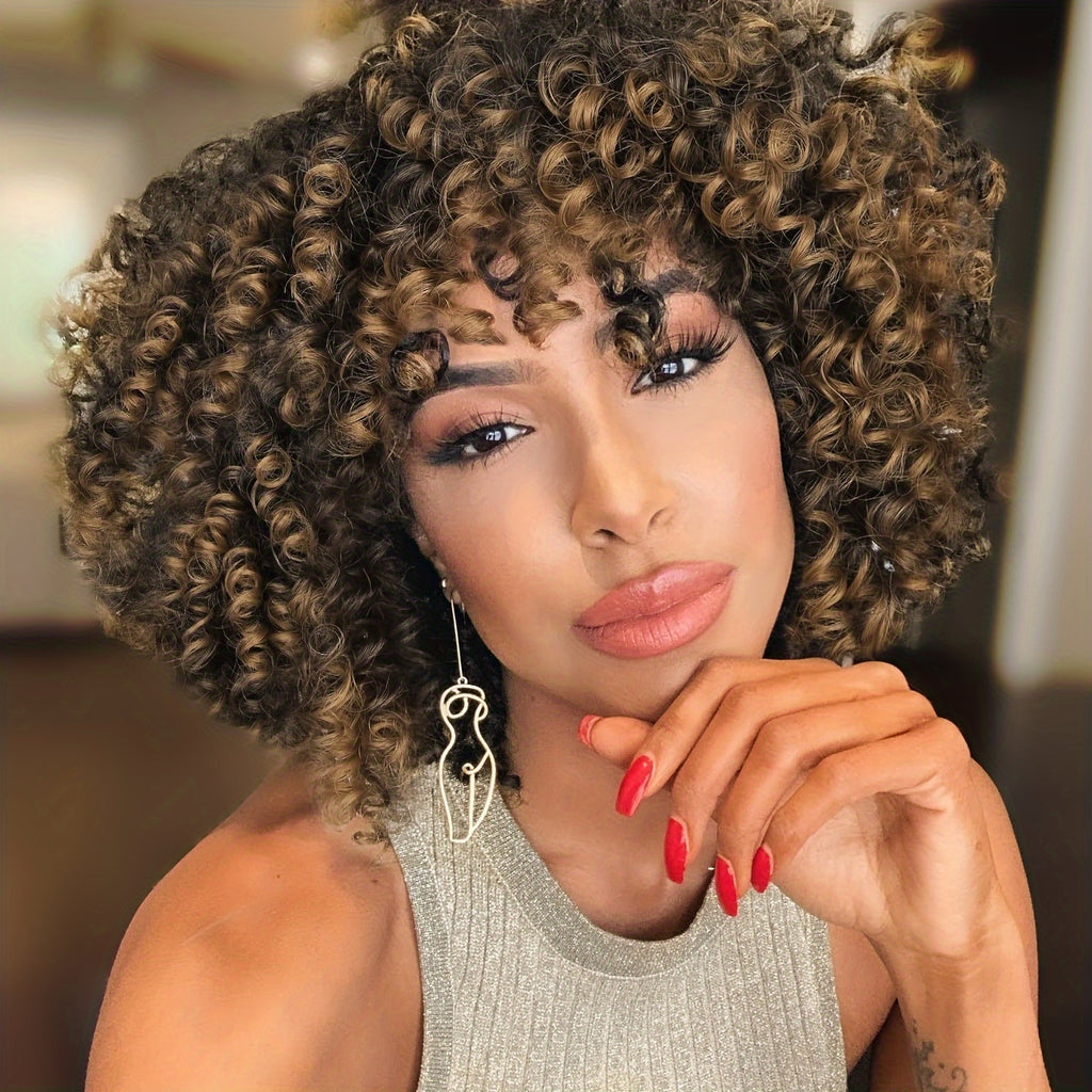 Elegant Afro Curly Kinky Wig for Women - High-Density 180% Synthetic Hair, Short Style with Bangs, Stretch Net Cap, Versatile for Daily & Party Wear, Chic and Stylish for All Ethnicities, Versatile Hairstyle | Chic Short Wig | Synthetic Hair Wig