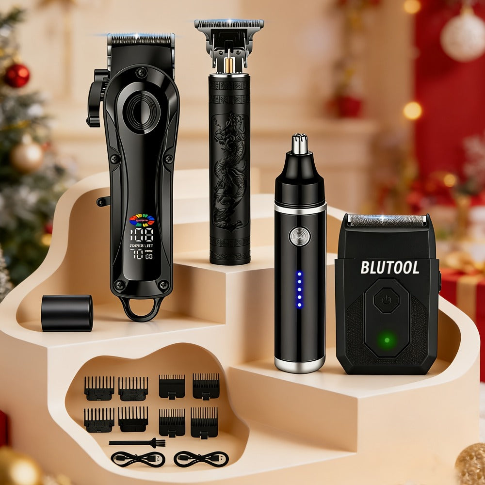 Professional Barber Clipper & Trimmer Set 4-Piece — Hair Clipper, Nose Hair Trimmer & Detail Trimmer with Guide Comb, LED Display, USB Rechargeable, Home & Travel Grooming Gift for Men