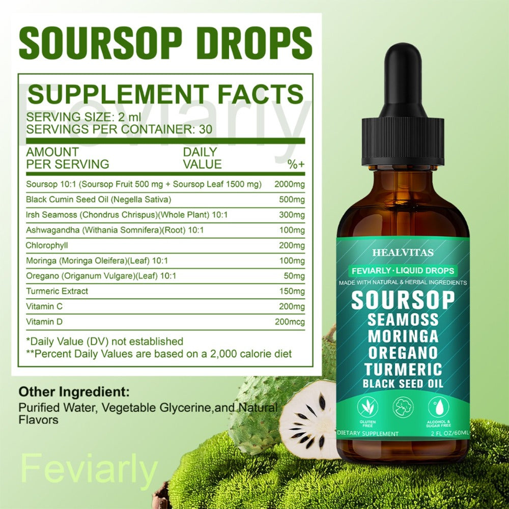 Natural Soursop Bitters Liquid 10-In-1, Highly Absorbable with Natural Soursop Seaweed Moringa Turmeric Black Seed Oil Oregano South African Drunken Tomato, Herbal Extracts Supports Digestion & Intestinal Health, Easy to Take Liquid Supplement, 2 oz