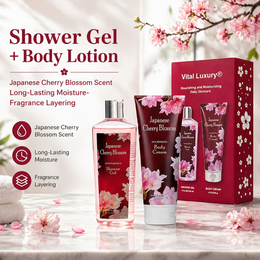 Body Wash and Body Cream Gift Set Cherry Blossom Fragrance 8oz 2pcs Light Non-Sticky Long-Lasting Scent All Skin Types Valentine's Day Mother's Day Gift Set