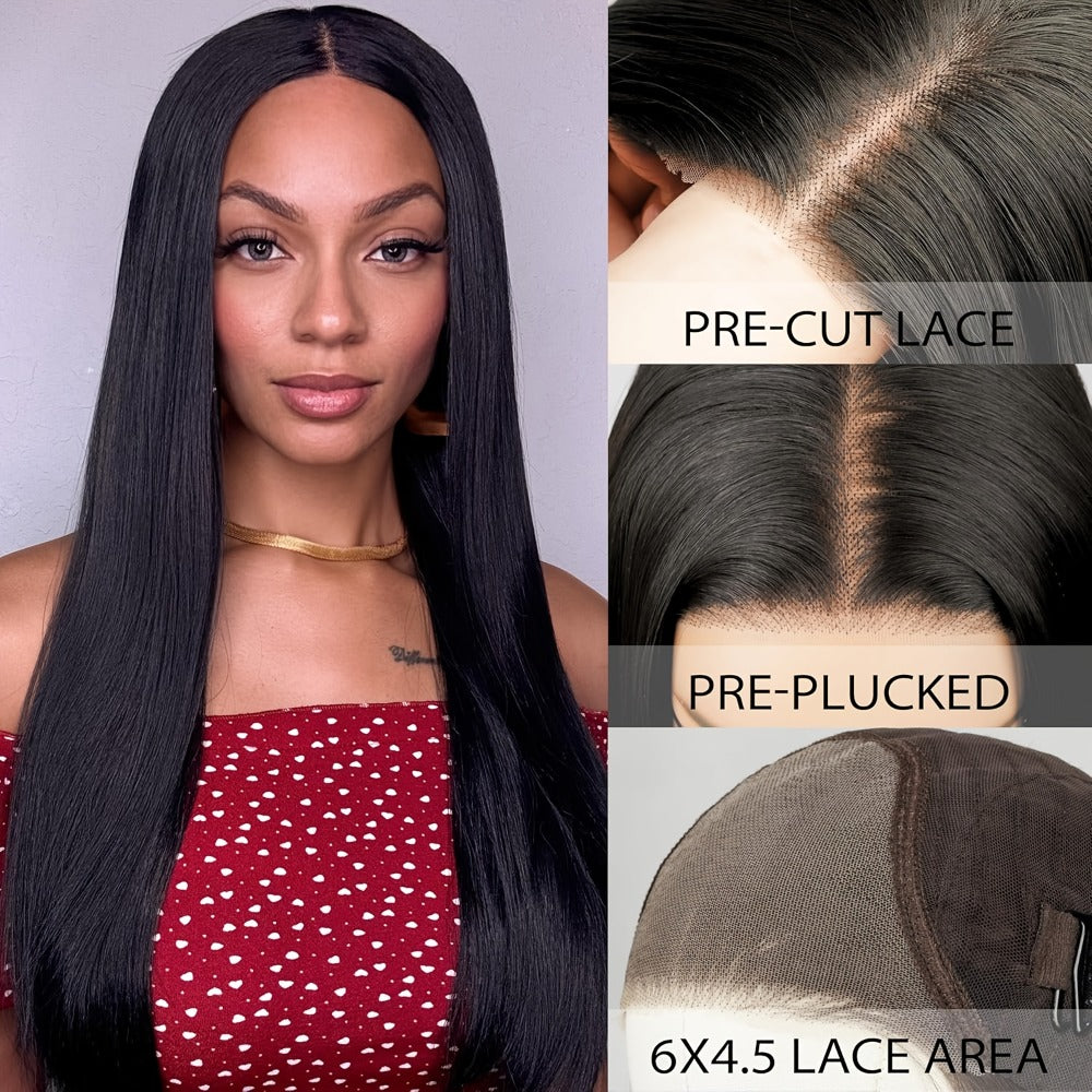 6x4.5 HD Lace Put On and Go Wig Human Hair Straight Glueless 250% Density Pre-Plucked Pre-Cut Pre-Bleached Knots Transparent Lace Front Wig 22-36 Inch Women