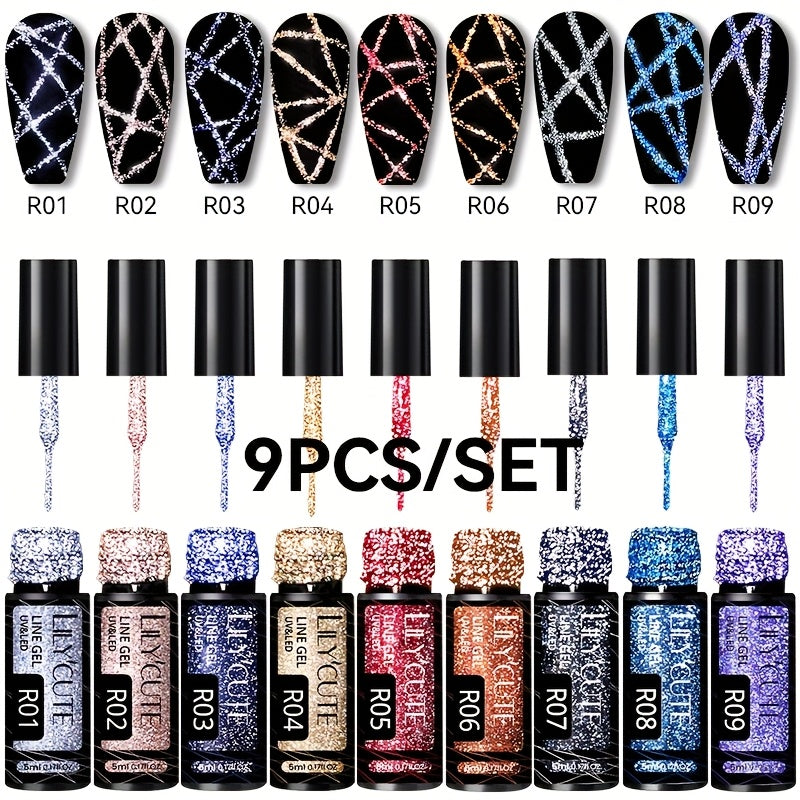 LILYCUTE 9pcs/Set Reflective Glitter Line Gel Nail Polish - Summer Bright Sparkling Gorgeous Color for Manicure, Pull Line Graffiti Painting Stripe Gel Nail Art LED Gel Varnish, Gel Nail Polis, Diy Manicure, Beauty Lovers, Salon Professionals