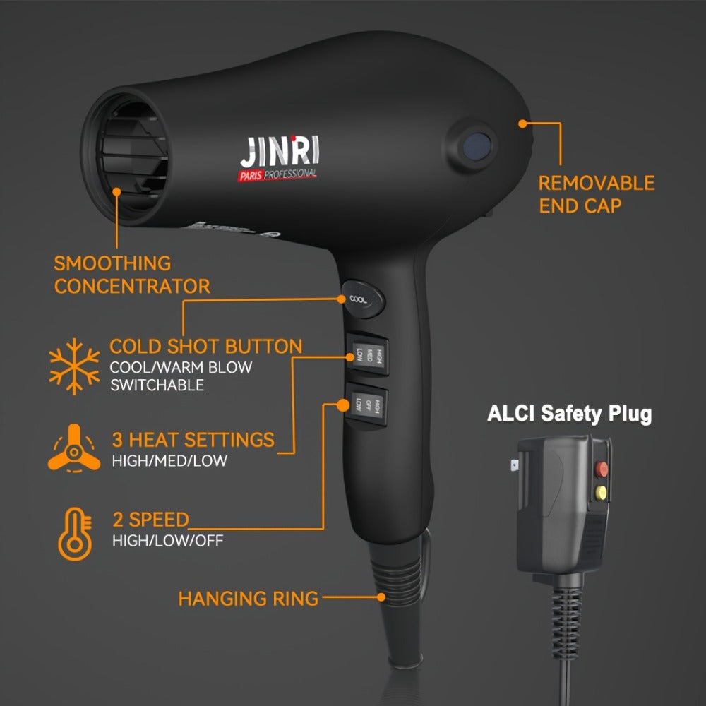 JINRI Professional Salon Ionic Hair Dryer with Diffuser & Concentrator Attachments, Ideal for Curly Hair - Black, 1875W, Non-Folding Handle, 1. 196.85inch-118.11inch Adjustable Cord, US Plug
