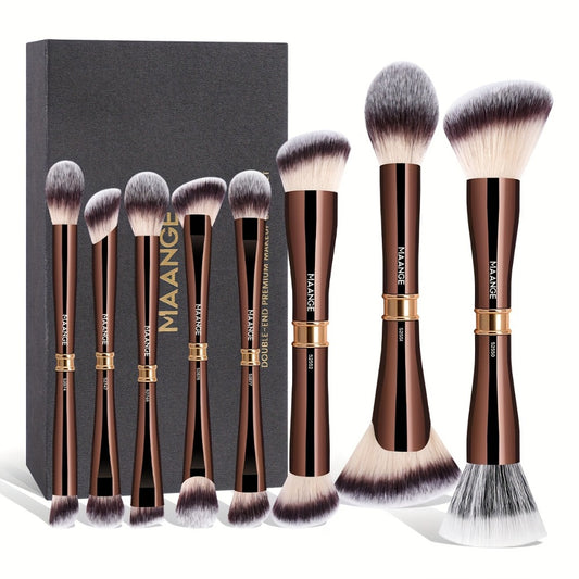 Double-Ended Makeup Brush Set 8-Piece with Storage Box - Aluminum Alloy Handle Foundation Blush Contour Brushes, Travel Gift for Women