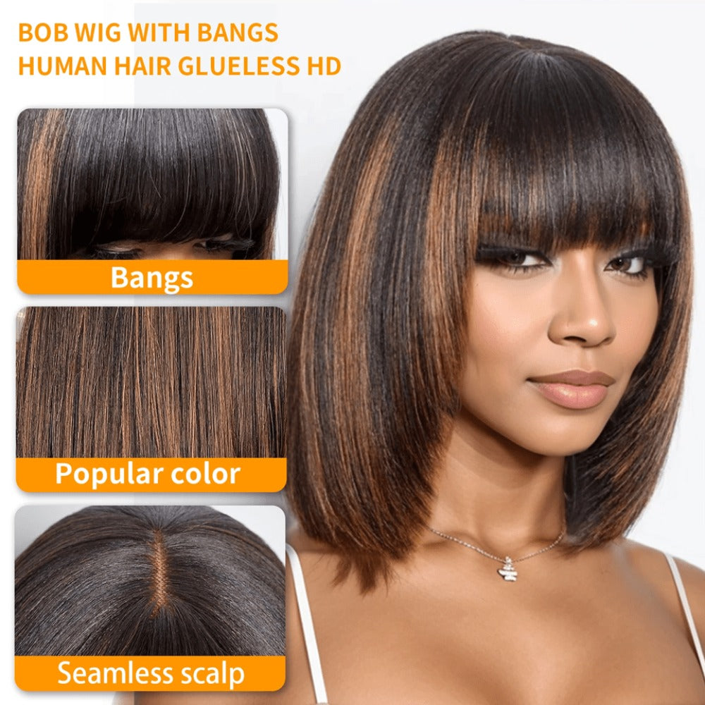 Bob Wig Human Hair Brazilian Straight Short Bob Lace Front Wig 3x1 Lace Part with Bangs Pre-Plucked Natural Hairline Color 1B/30 Highlight 10-12 Inch Women