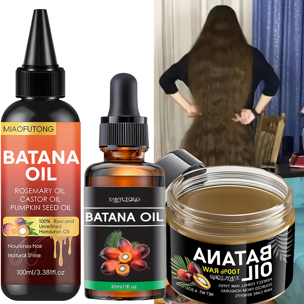 3pcs Honduras Batana Hair Cream + Batana Hair Oil + Batana Essential Oil, Pure Cold Pressed Extract Moisturizes Scalp And Hair, Strong, Anti-break And Split, Suitable for All Hair Textures, Adding Luster, A Must-have Hair Care Set for All Seasons, Split E