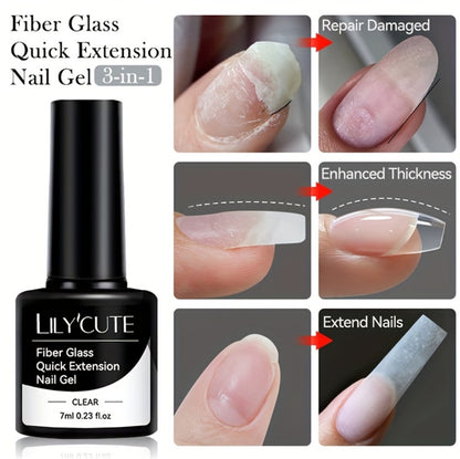 Fiberglass Construction Gel Nail Polish 3pcs - Clear Fiber Glass Gel for Nail Extension & Broken Nail Repair, UV LED Soak-Off Builder Gel Varnish