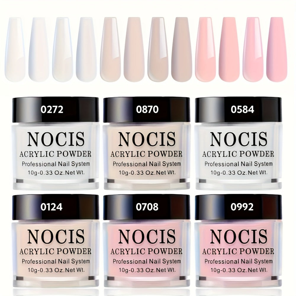 Set of 6 Acrylic Powders in Nude, Pink, And White, Featuring a High-Gloss End. Ideal for Nail Art, This Kit Includes 6 Colors for 3D Nail Sculptures, French Nail Extensions, And Carving. A Professional Polymer Acrylic Nail Art Kit