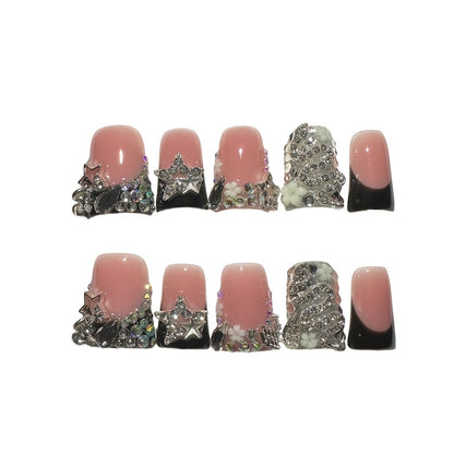 Black French Press On Nails 10pcs Short Duckbill Silvery Snake Full Diamond Shiny Stars Handmade Reusable UV Protected Salon Quality for Wedding Party Birthday Gift False Nails S M L