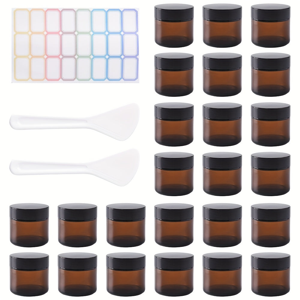 Frosted Glass Jars with Lids – 24 Pack 2 oz Brown Glass Cosmetic Containers with Spoons & Labels, Non-Slip Base, Multi-Purpose Storage for Lotion, Powder, Candle Making, Makeup & Skincare