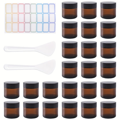 Frosted Glass Jars with Lids – 24 Pack 2 oz Brown Glass Cosmetic Containers with Spoons & Labels, Non-Slip Base, Multi-Purpose Storage for Lotion, Powder, Candle Making, Makeup & Skincare
