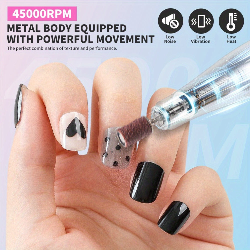 45000RPM Electric Nail File Kit | Portable Nail Drill for Acrylic Nails Gel Polishing Removing, Professional Rechargeable Electric Nail E File Kit for Manicure Salon Home, USB Powered, LCD Display, Brushed Motor, Plastic Material