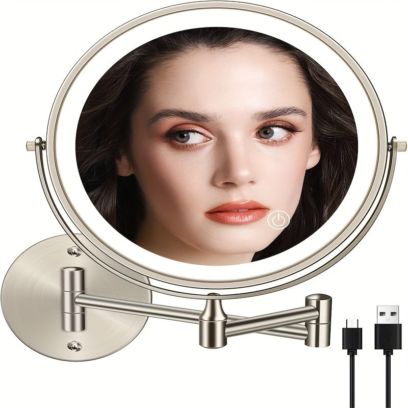Wall Mounted Lighted Makeup Mirror 10X Magnification, 8 Inch LED Vanity Mirror 1X/10X Double Sided, 3 Color Lights Touch Dimmer 360° Swivel Rechargeable — Black Silver Gold