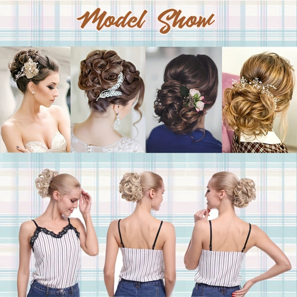 Clip In Hair Bun Extension Messy Bun Chignon Hairpiece Synthetic Curly Updo with Comb Scrunchie for Women Wedding Party Office Daily Wear Rose Bud Style